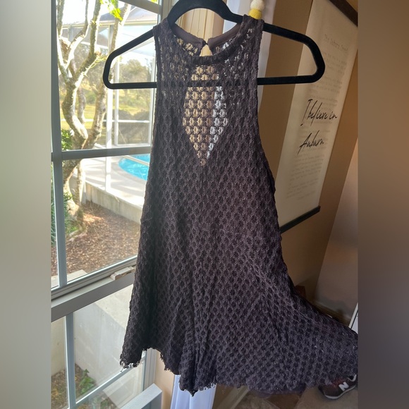 UO Silence + Noise Black/Dark Brown Crotchet Mesh Knit Halter Romper - Picture 3 of 8